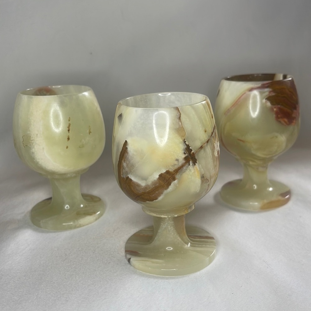 Vintage Green Onyx Marble Wine Goblets- set of 3- Barware, Bar Cart Decor, Stone
